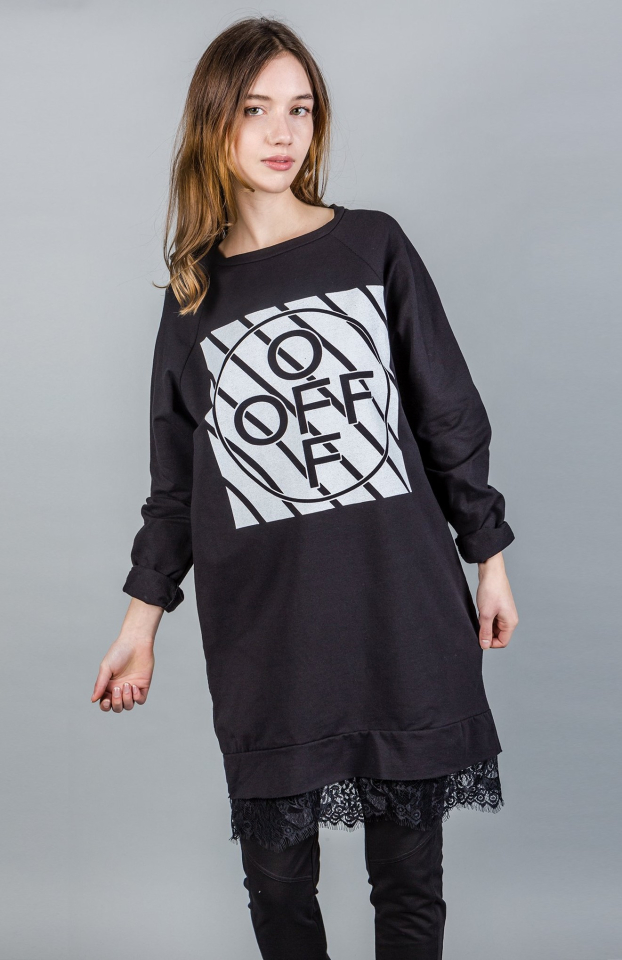 Robe pull longue en coton à manches longues / ourlet en dentelle - SD19561N - Paolo tricot